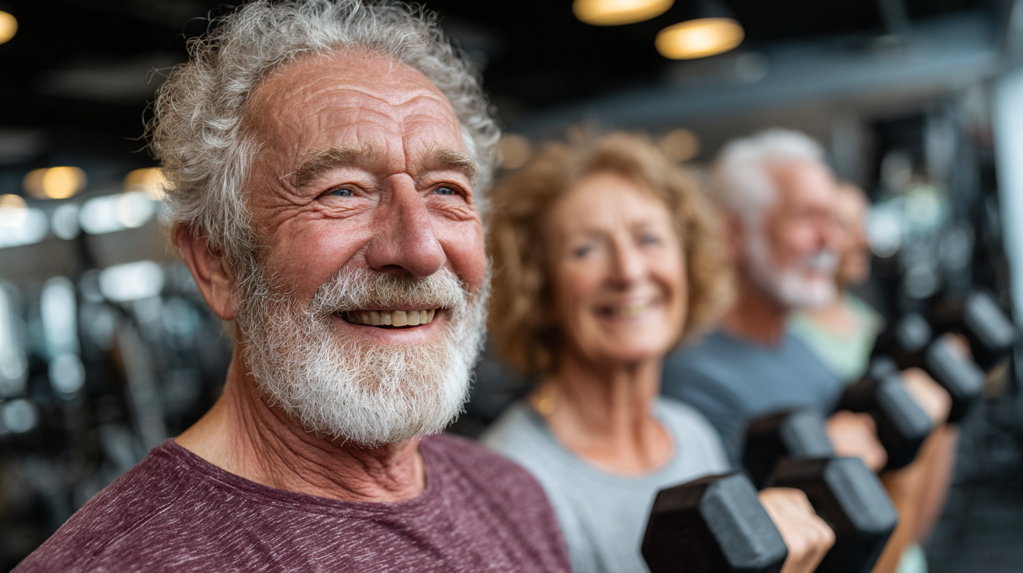 Adulți maturi participând la ședințe de fitness în grup, demonstrând exerciții de flexibilitate și echilibru într-un ambient prietenos și motivant