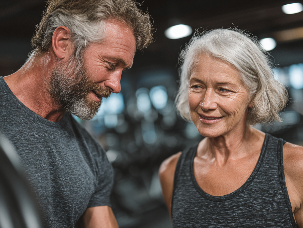 Instructor experimentat ghidând o persoană în vârstă prin exerciții de stretching și întărire, evidențiind atenția personalizată și siguranța programelor